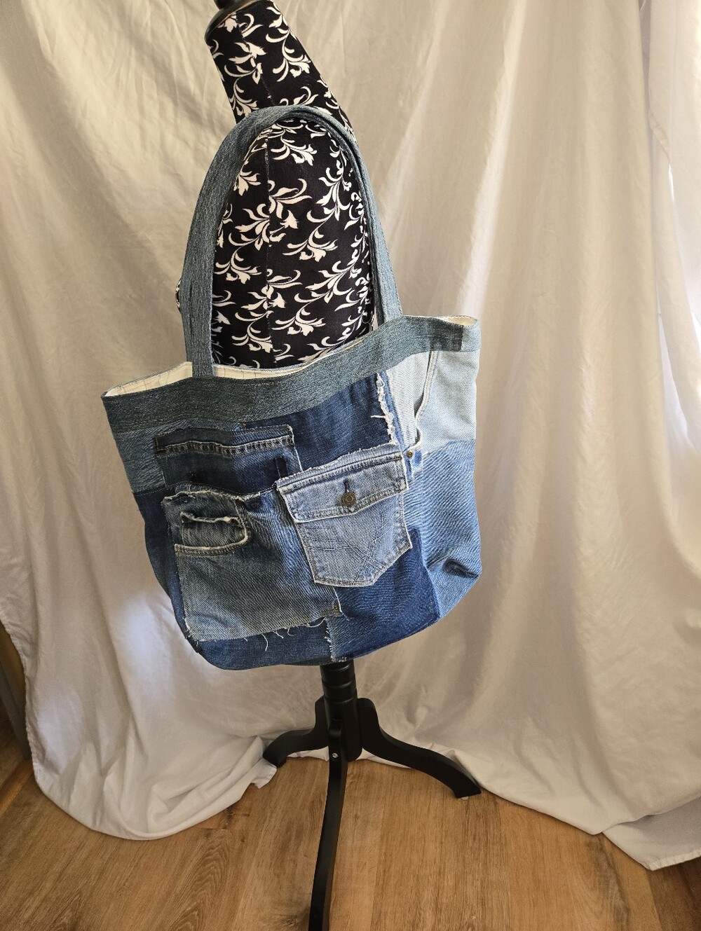 Upcycled Denim Patchwork Tote Bag - Blue